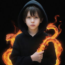 Anime-style young boy wearing a black hoodie, holding a snake made of vibrant glowing flames.