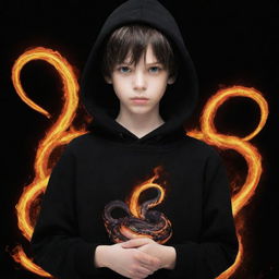 Anime-style young boy wearing a black hoodie, holding a snake made of vibrant glowing flames.