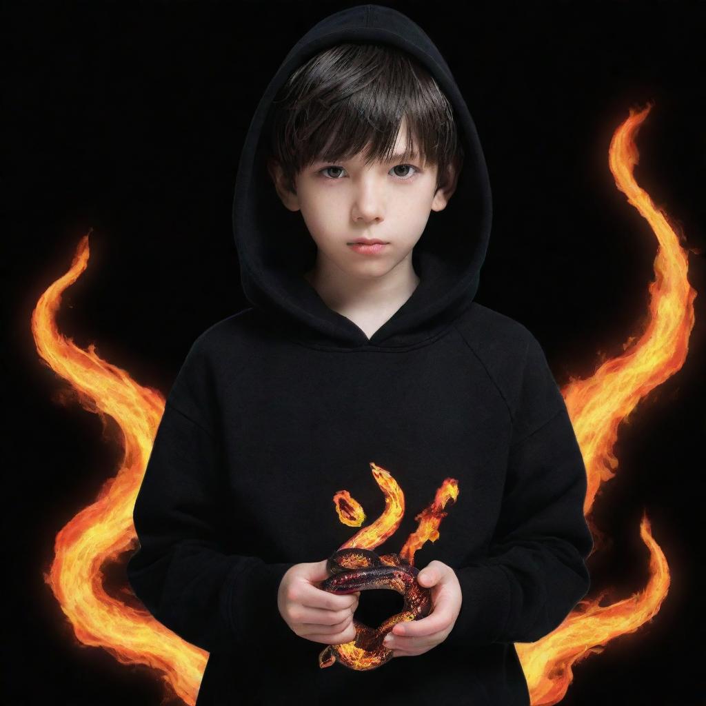 Anime-style young boy wearing a black hoodie, holding a snake made of vibrant glowing flames.