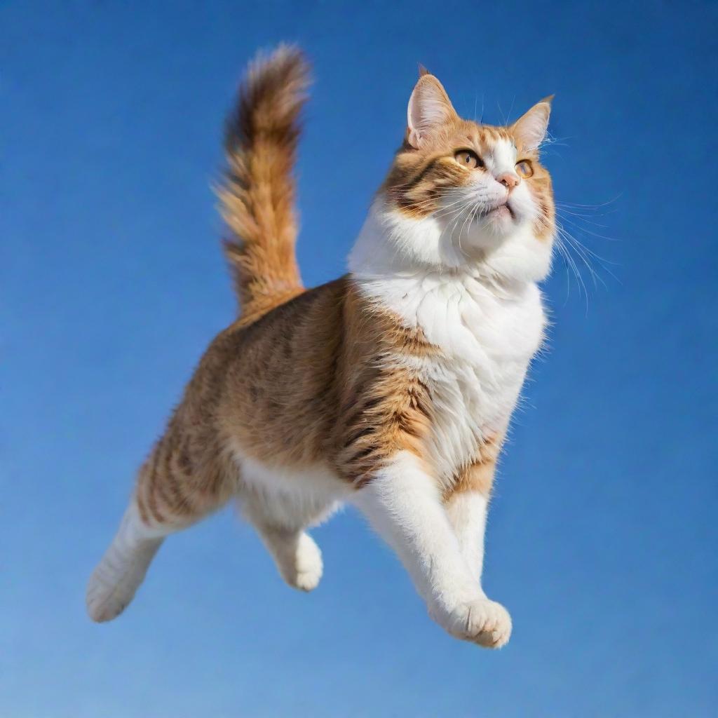 A picturesque scene of a majestic cat flying through a clear blue sky with its golden eyes gleaming and fluffy tail waving