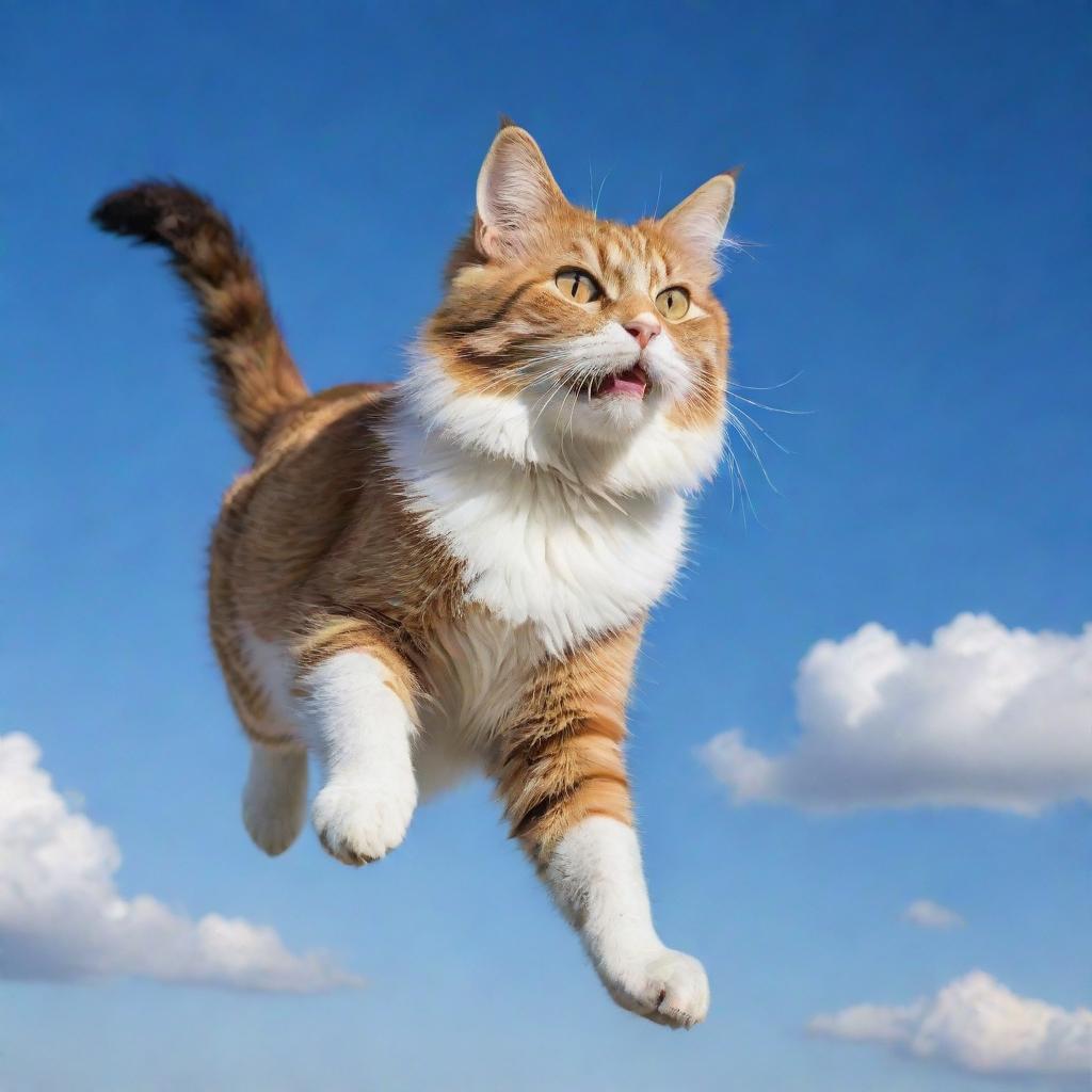 A picturesque scene of a majestic cat flying through a clear blue sky with its golden eyes gleaming and fluffy tail waving