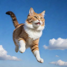 A picturesque scene of a majestic cat flying through a clear blue sky with its golden eyes gleaming and fluffy tail waving