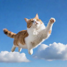 A picturesque scene of a majestic cat flying through a clear blue sky with its golden eyes gleaming and fluffy tail waving