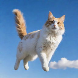 A picturesque scene of a majestic cat flying through a clear blue sky with its golden eyes gleaming and fluffy tail waving