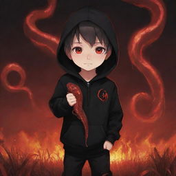 Anime little boy with bright red eyes, wearing a black hoodie, holding a red snake in a fiery field.