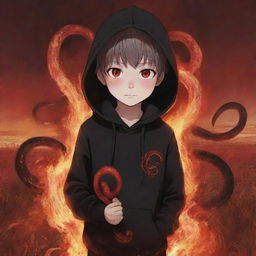 Anime little boy with bright red eyes, wearing a black hoodie, holding a red snake in a fiery field.