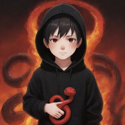 Anime little boy with bright red eyes, wearing a black hoodie, holding a red snake in a fiery field.