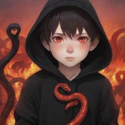 Anime little boy with bright red eyes, wearing a black hoodie, holding a red snake in a fiery field.