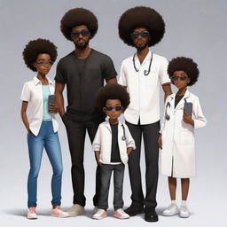 Depict a Nigerian family in anime style: Eldest brother - bearded programmer in jeans and a milk-colored shirt, 2nd - Afro-clad tech enthusiast in all-black with shades and iPhone, 3rd - Plump medical doctor girl holding the youngest, 4th - Stylish all-black programmer with somewhat big hair, 5th - Tall programmer in white and black attire with headphones, 6th - A boy. Everyone is standing.