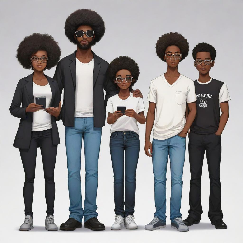 Depict a Nigerian family in anime style: Eldest brother - bearded programmer in jeans and a milk-colored shirt, 2nd - Afro-clad tech enthusiast in all-black with shades and iPhone, 3rd - Plump medical doctor girl holding the youngest, 4th - Stylish all-black programmer with somewhat big hair, 5th - Tall programmer in white and black attire with headphones, 6th - A boy. Everyone is standing.