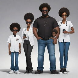 Depict a Nigerian family in anime style: Eldest brother - bearded programmer in jeans and a milk-colored shirt, 2nd - Afro-clad tech enthusiast in all-black with shades and iPhone, 3rd - Plump medical doctor girl holding the youngest, 4th - Stylish all-black programmer with somewhat big hair, 5th - Tall programmer in white and black attire with headphones, 6th - A boy. Everyone is standing.