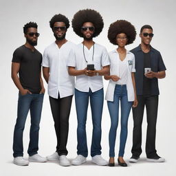 Depict a Nigerian family in anime style: Eldest brother - bearded programmer in jeans and a milk-colored shirt, 2nd - Afro-clad tech enthusiast in all-black with shades and iPhone, 3rd - Plump medical doctor girl holding the youngest, 4th - Stylish all-black programmer with somewhat big hair, 5th - Tall programmer in white and black attire with headphones, 6th - A boy. Everyone is standing.