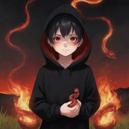 Anime little boy with vibrant red eyes, dressed in a black hoodie, holding a red snake in a field consumed by fire.