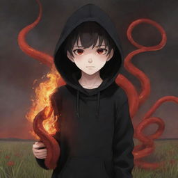 Anime little boy with vibrant red eyes, dressed in a black hoodie, holding a red snake in a field consumed by fire.