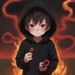 Anime little boy with vibrant red eyes, dressed in a black hoodie, holding a red snake in a field consumed by fire.