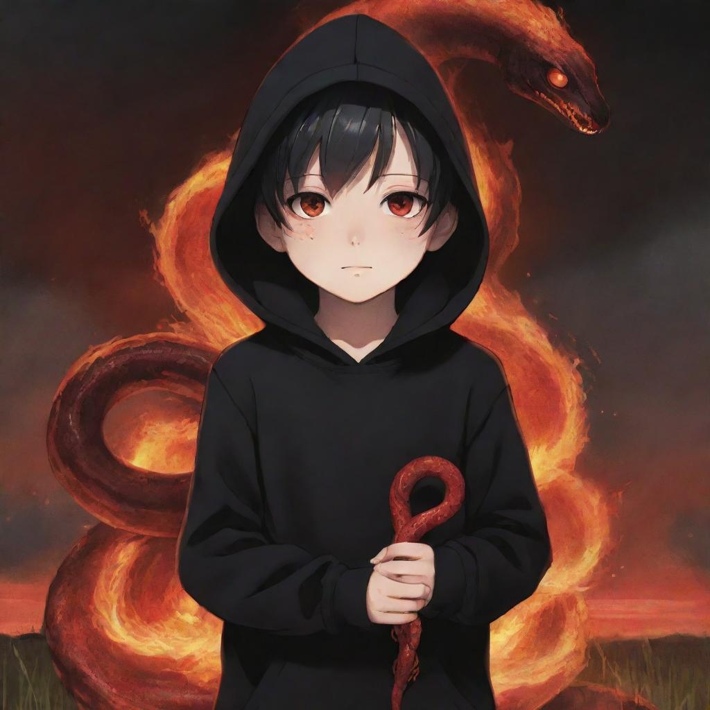 Anime little boy with vibrant red eyes, dressed in a black hoodie, holding a red snake in a field consumed by fire.