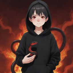 Anime little boy with vivid red eyes, wearing a black hoodie, holding a water snake with a red hue amidst a fiery field.