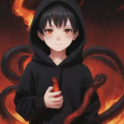 Anime little boy with vivid red eyes, wearing a black hoodie, holding a water snake with a red hue amidst a fiery field.