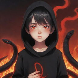 Anime little boy with vivid red eyes, wearing a black hoodie, holding a water snake with a red hue amidst a fiery field.