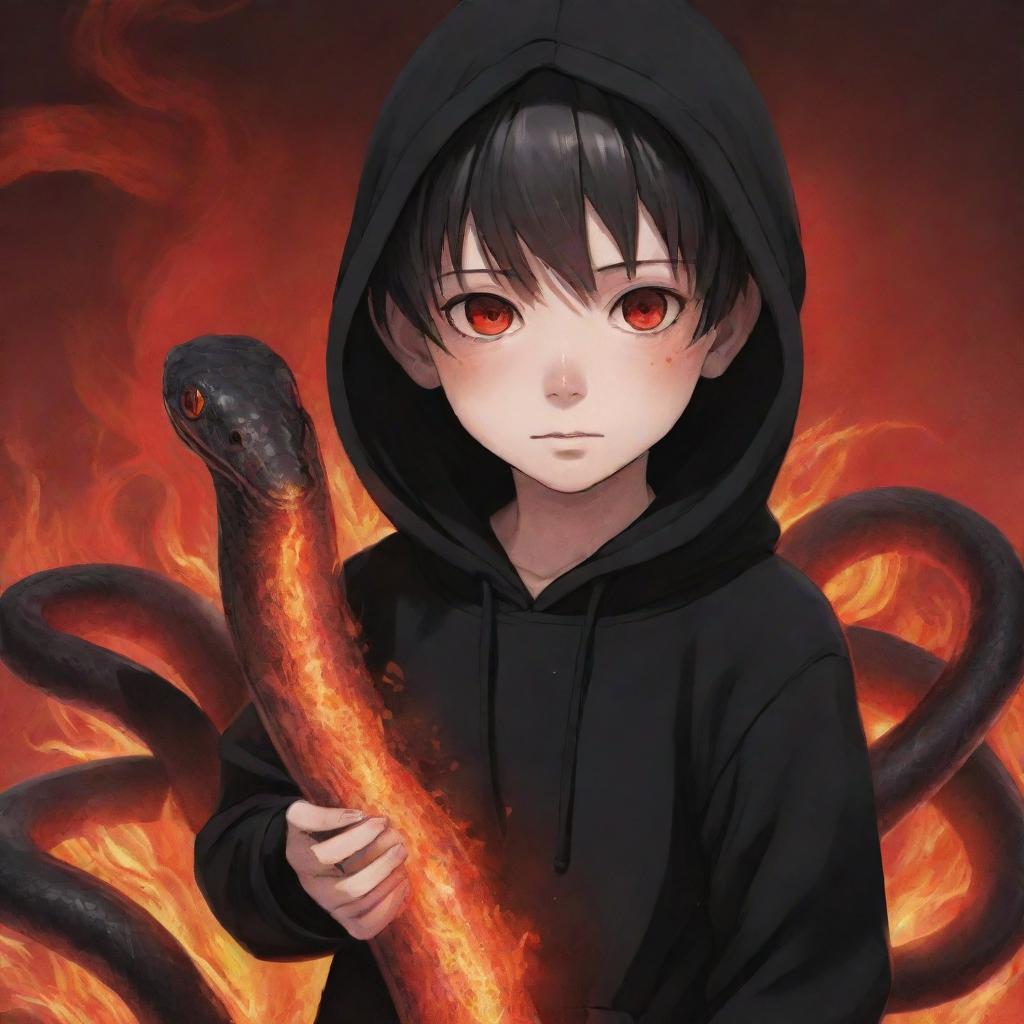 Anime little boy with vivid red eyes, wearing a black hoodie, holding a water snake with a red hue amidst a fiery field.