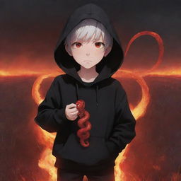 Anime little boy with bright red eyes, garbed in a black hoodie, clutching a red crystal snake, standing in a fiery field.