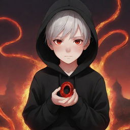 Anime little boy with bright red eyes, garbed in a black hoodie, clutching a red crystal snake, standing in a fiery field.