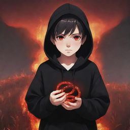 Anime little boy with bright red eyes, garbed in a black hoodie, clutching a red crystal snake, standing in a fiery field.