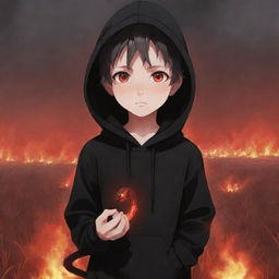 Anime little boy with bright red eyes, garbed in a black hoodie, clutching a red crystal snake, standing in a fiery field.