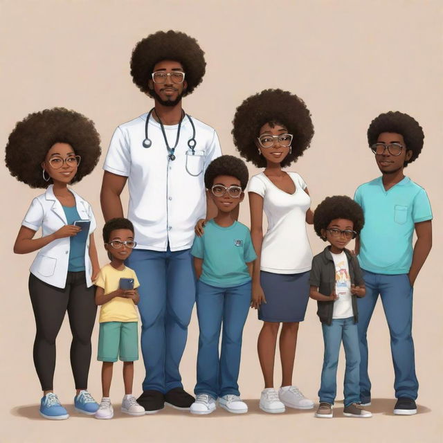 Create an image of a Nigerian family in anime style: 1st a bearded boy programmer in jeans, milk-colored shirt. 2nd an Afro-clad tech enthusiast boy in all black with shades and an iPhone. 3rd a plump medical doctor girl, holding the youngest. 4th is a stylish boy programmer with slightly big hair. 5th a tall boy programmer in black and white with headphones. Finally, the 6th, a little boy.