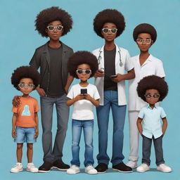 Create an image of a Nigerian family in anime style: 1st a bearded boy programmer in jeans, milk-colored shirt. 2nd an Afro-clad tech enthusiast boy in all black with shades and an iPhone. 3rd a plump medical doctor girl, holding the youngest. 4th is a stylish boy programmer with slightly big hair. 5th a tall boy programmer in black and white with headphones. Finally, the 6th, a little boy.