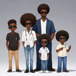 Create an image of a Nigerian family in anime style: 1st a bearded boy programmer in jeans, milk-colored shirt. 2nd an Afro-clad tech enthusiast boy in all black with shades and an iPhone. 3rd a plump medical doctor girl, holding the youngest. 4th is a stylish boy programmer with slightly big hair. 5th a tall boy programmer in black and white with headphones. Finally, the 6th, a little boy.