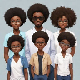 Create an image of a Nigerian family in anime style: 1st a bearded boy programmer in jeans, milk-colored shirt. 2nd an Afro-clad tech enthusiast boy in all black with shades and an iPhone. 3rd a plump medical doctor girl, holding the youngest. 4th is a stylish boy programmer with slightly big hair. 5th a tall boy programmer in black and white with headphones. Finally, the 6th, a little boy.