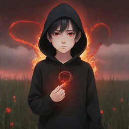 Anime little boy with striking red eyes, clad in a black hoodie, holding a glowing red crystal snake in a field ablaze.