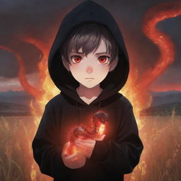 Anime little boy with striking red eyes, clad in a black hoodie, holding a glowing red crystal snake in a field ablaze.