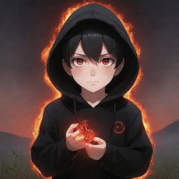 Anime little boy with striking red eyes, clad in a black hoodie, holding a glowing red crystal snake in a field ablaze.