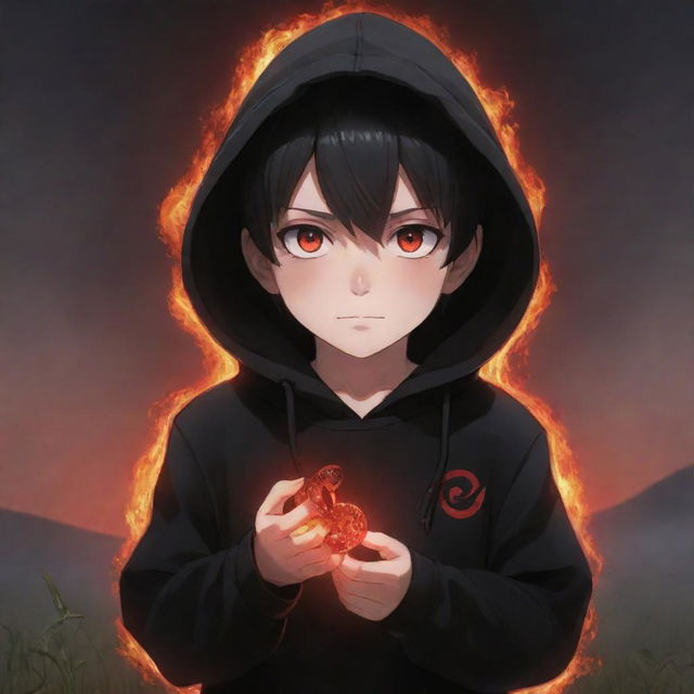 Anime little boy with striking red eyes, clad in a black hoodie, holding a glowing red crystal snake in a field ablaze.