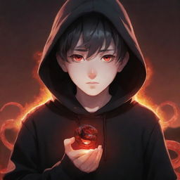 Anime little boy with striking red eyes, clad in a black hoodie, holding a glowing red crystal snake in a field ablaze.