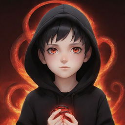 Anime little boy with intense red eyes, wearing a black hoodie, gripping a vibrant red crystal snake, surrounded by a fiery field.