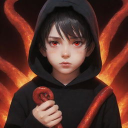 Anime little boy with intense red eyes, wearing a black hoodie, gripping a vibrant red crystal snake, surrounded by a fiery field.