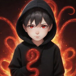 Anime little boy with intense red eyes, wearing a black hoodie, gripping a vibrant red crystal snake, surrounded by a fiery field.