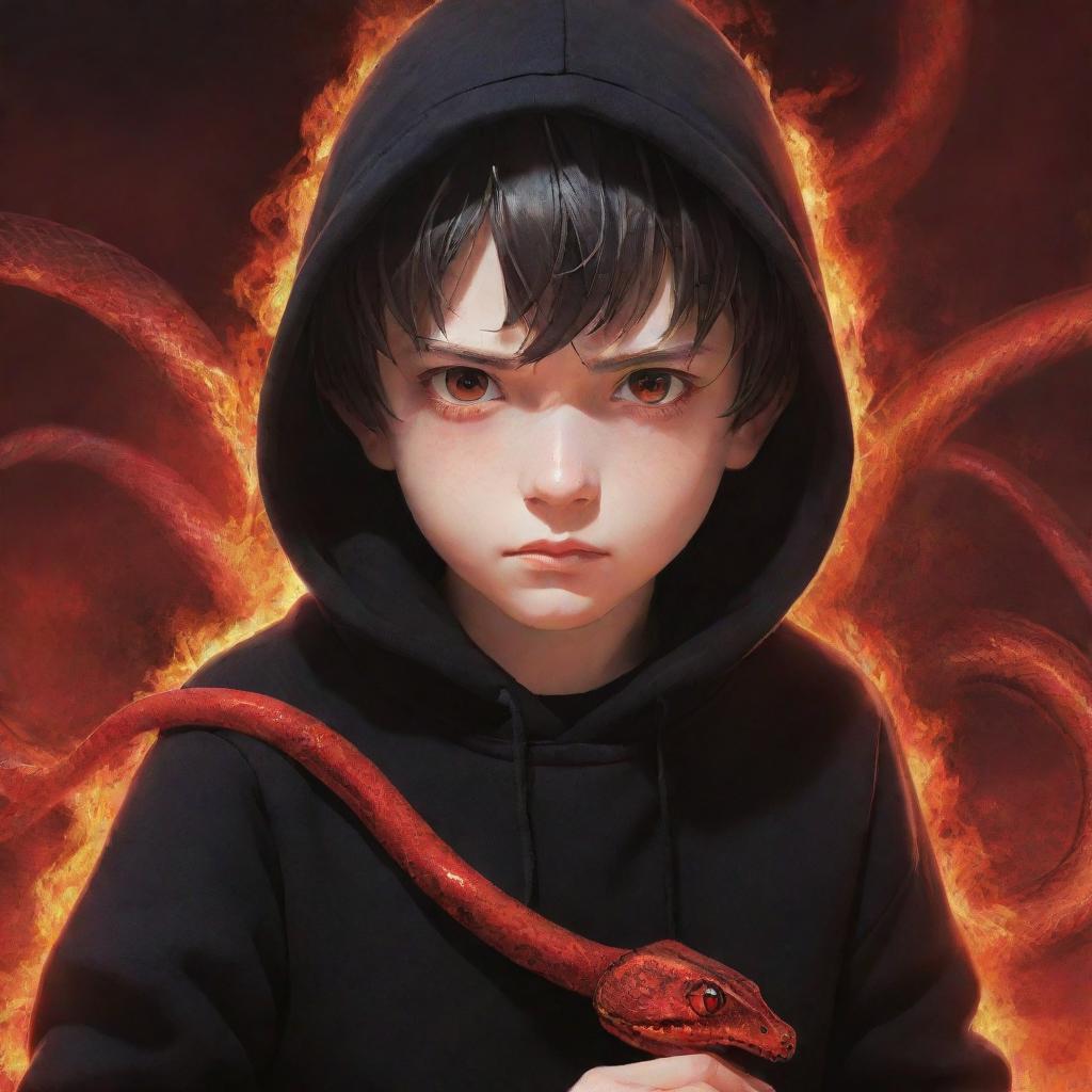 Anime little boy with intense red eyes, wearing a black hoodie, gripping a vibrant red crystal snake, surrounded by a fiery field.