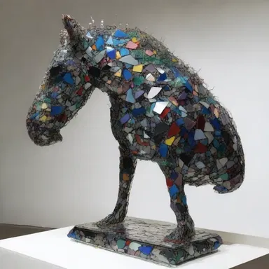 The artist created a stunning and thought-provoking sculpture using various inedible materials like broken glass and metal scraps.