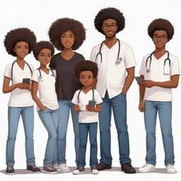 Illustrate a Nigerian family in anime style: 1st child, a bearded boy programmer in jeans and a milk-colored shirt. 2nd, an Afro-clad boy tech enthusiast in all-black with an iPhone. 3rd, a plump girl medical doctor, holding the youngest. 4th, a stylish boy programmer with slightly big hair. 5th, a tall programmer boy in black and white with headphones. Lastly, the 6th-A boy.