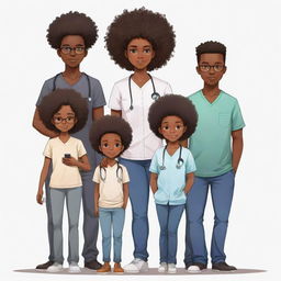 Illustrate a Nigerian family in anime style: 1st child, a bearded boy programmer in jeans and a milk-colored shirt. 2nd, an Afro-clad boy tech enthusiast in all-black with an iPhone. 3rd, a plump girl medical doctor, holding the youngest. 4th, a stylish boy programmer with slightly big hair. 5th, a tall programmer boy in black and white with headphones. Lastly, the 6th-A boy.