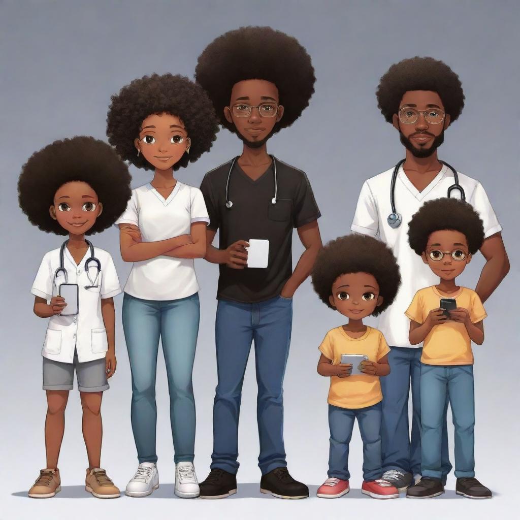 Illustrate a Nigerian family in anime style: 1st child, a bearded boy programmer in jeans and a milk-colored shirt. 2nd, an Afro-clad boy tech enthusiast in all-black with an iPhone. 3rd, a plump girl medical doctor, holding the youngest. 4th, a stylish boy programmer with slightly big hair. 5th, a tall programmer boy in black and white with headphones. Lastly, the 6th-A boy.