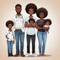 Illustrate a Nigerian family in anime style: 1st child, a bearded boy programmer in jeans and a milk-colored shirt. 2nd, an Afro-clad boy tech enthusiast in all-black with an iPhone. 3rd, a plump girl medical doctor, holding the youngest. 4th, a stylish boy programmer with slightly big hair. 5th, a tall programmer boy in black and white with headphones. Lastly, the 6th-A boy.