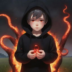 Anime little boy with glowing red eyes in a black hoodie, holding a vibrant red crystal snake, standing in a field of roaring flames.