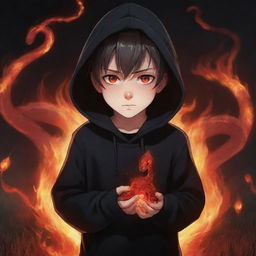 Anime little boy with glowing red eyes in a black hoodie, holding a vibrant red crystal snake, standing in a field of roaring flames.