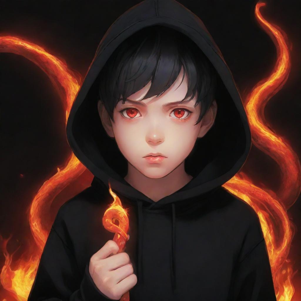 Anime little boy with glowing red eyes in a black hoodie, holding a vibrant red crystal snake, standing in a field of roaring flames.