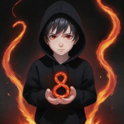 Anime little boy with glowing red eyes in a black hoodie, holding a vibrant red crystal snake, standing in a field of roaring flames.